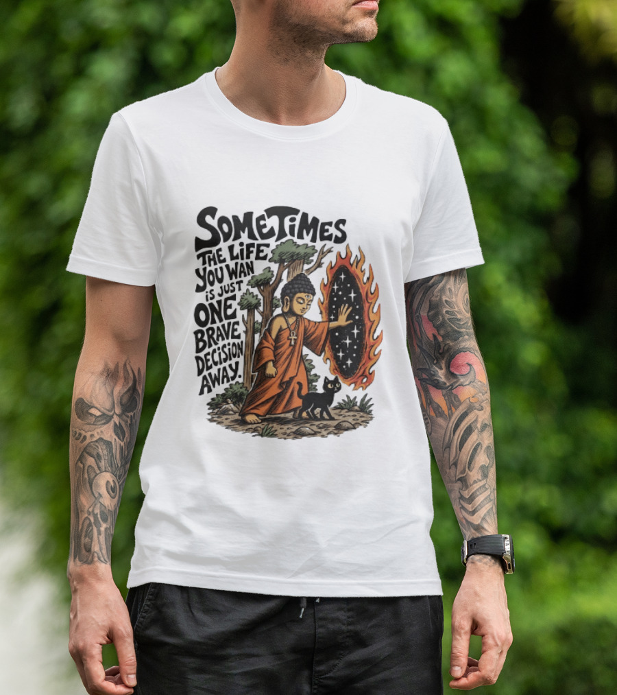 Sometimes The Life You Want Is Just One Brave Decision Away Buddha Cat Portal Forest T-Shirt