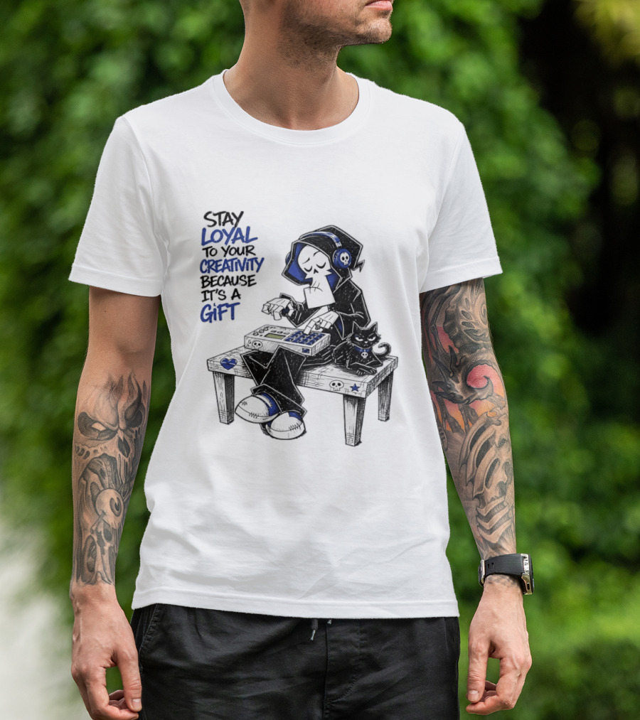 Stay Loyal To Your Creativity Grim Reaper Music Producer With Cat T-Shirt