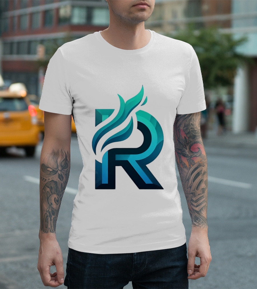R Flame Letter Blue Green Gradient T-Shirt