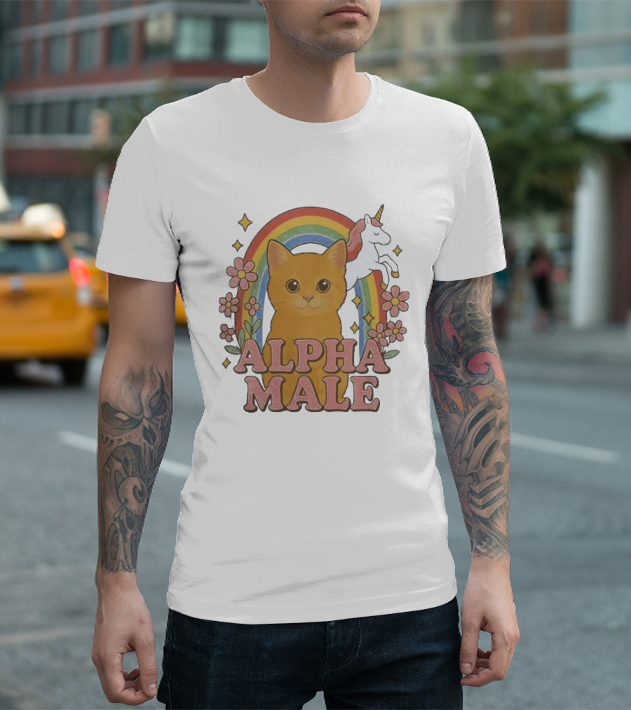 Alpha Male Cat With Unicorn Rainbow And Flowers T-Shirt