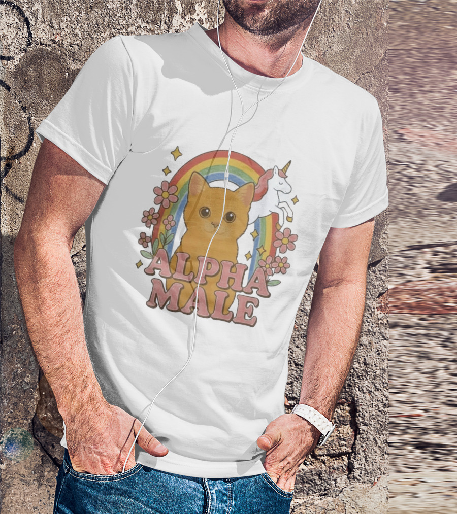 Alpha Male Cat With Unicorn Rainbow And Flowers T-Shirt