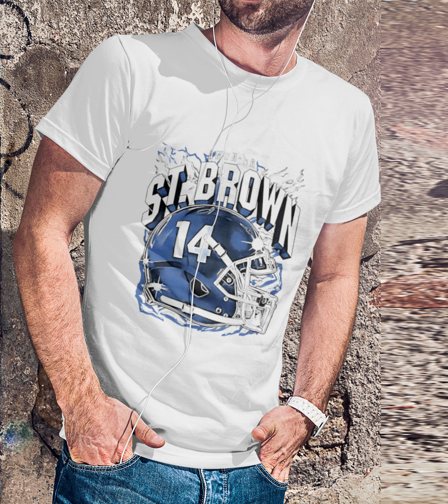 Amon Ra St. Brown 14 Helmet Detroit Lions T-Shirt