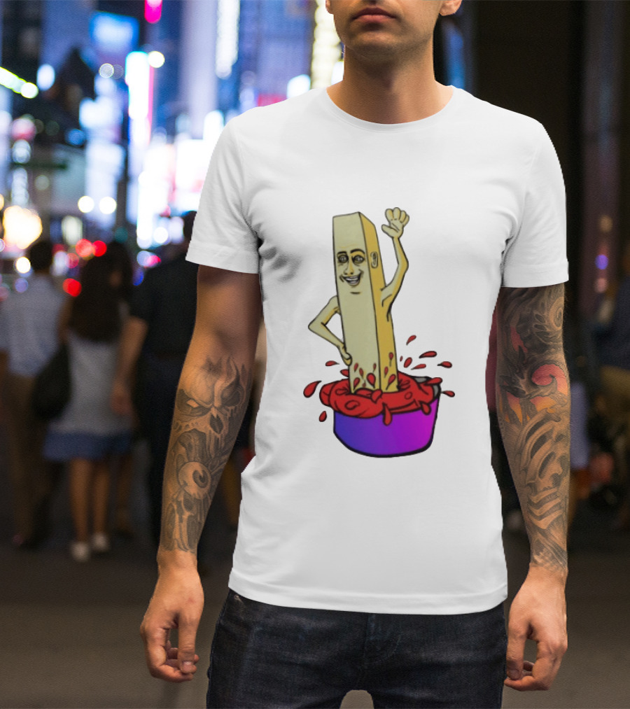 French Fry With Face Humorously Dipping In Ketchup Bowl T-Shirt