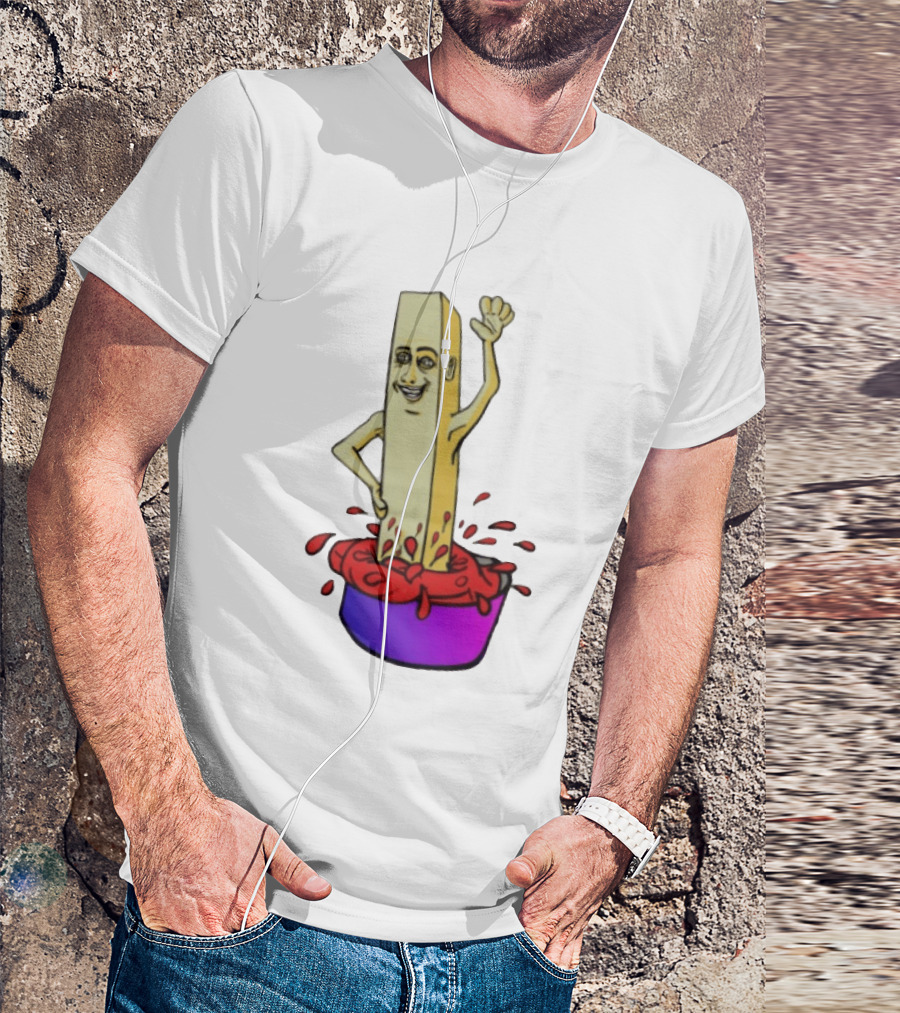 French Fry With Face Humorously Dipping In Ketchup Bowl T-Shirt
