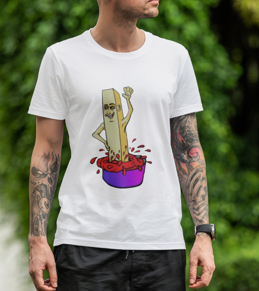 French Fry With Face Humorously Dipping In Ketchup Bowl T-Shirt