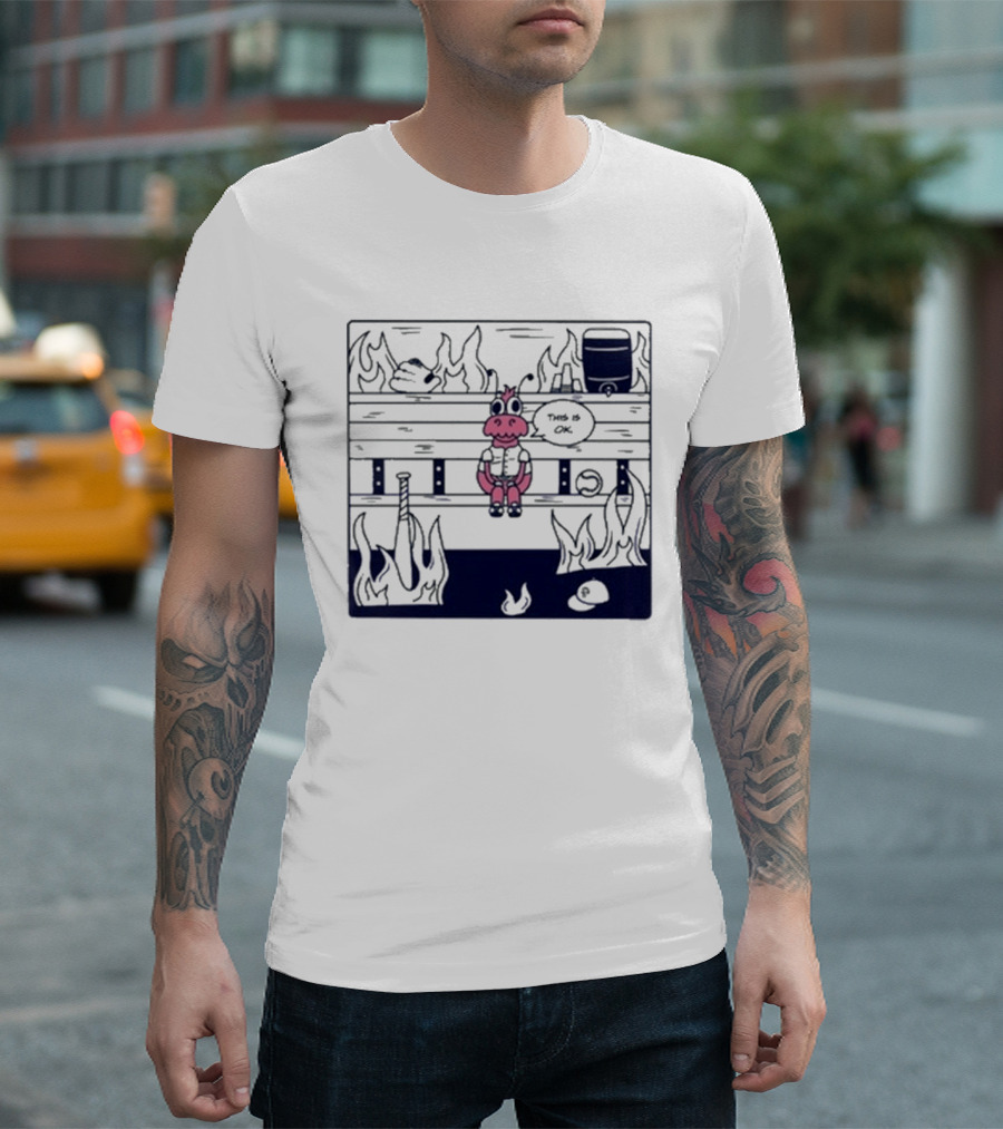 Jaxshrimp This Is Fine Fires Cartoon Cow Sitting Amidst Flames T-Shirt