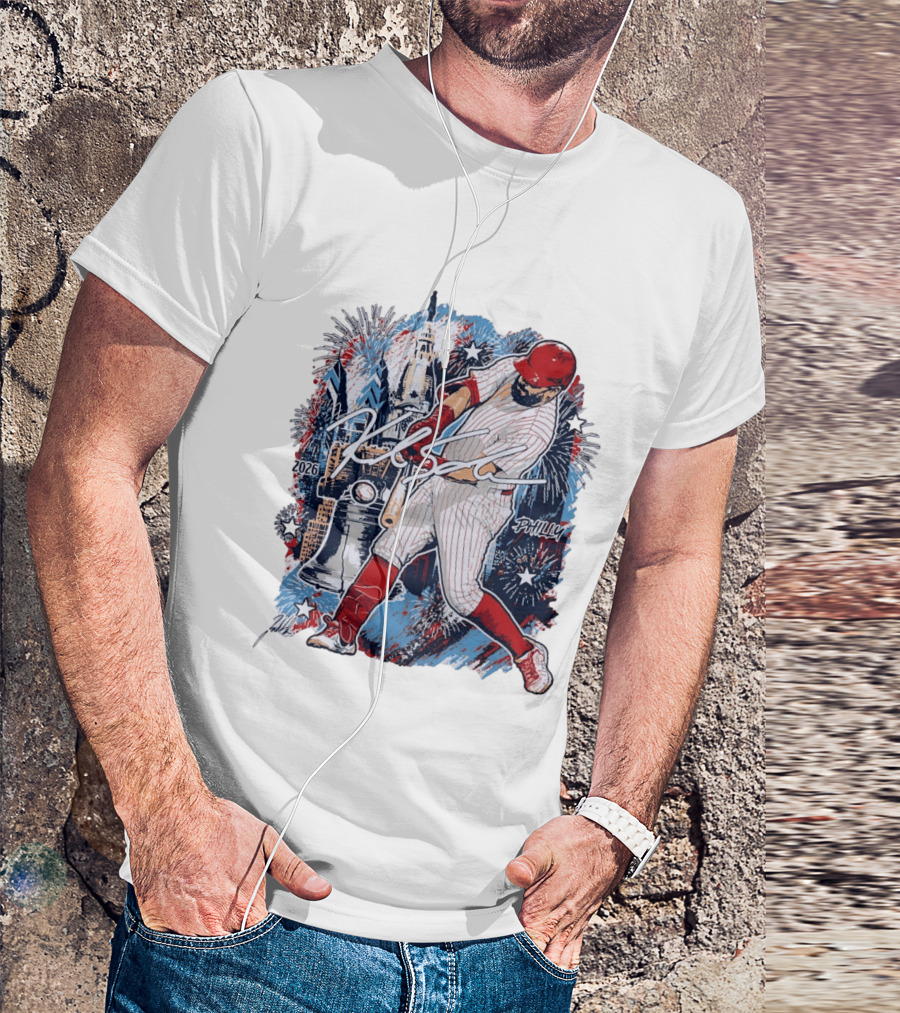 Kyle Schwarber Philly 2026 Swinging Bat Fireworks Liberty Bell T-Shirt
