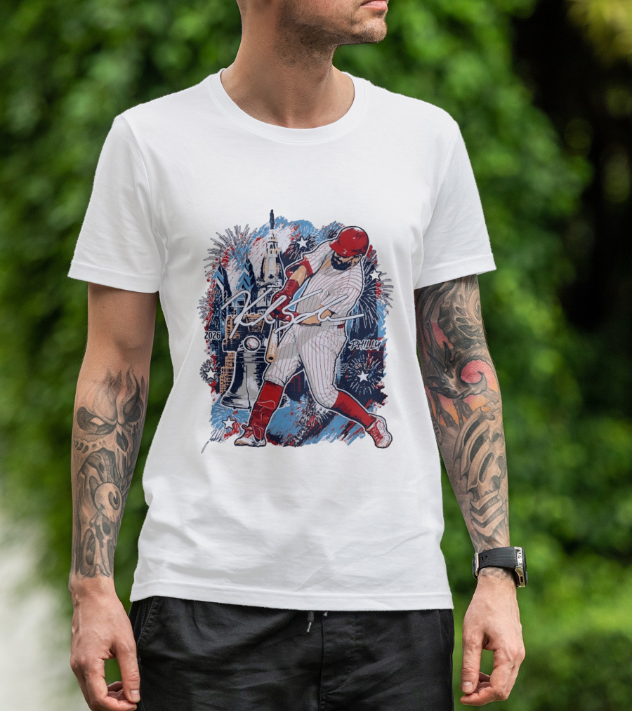 Kyle Schwarber Philly 2026 Swinging Bat Fireworks Liberty Bell T-Shirt