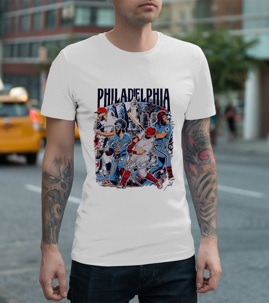 Philadelphia Phillies Stars Skyline 2026 Philly Batter Montage T-Shirt