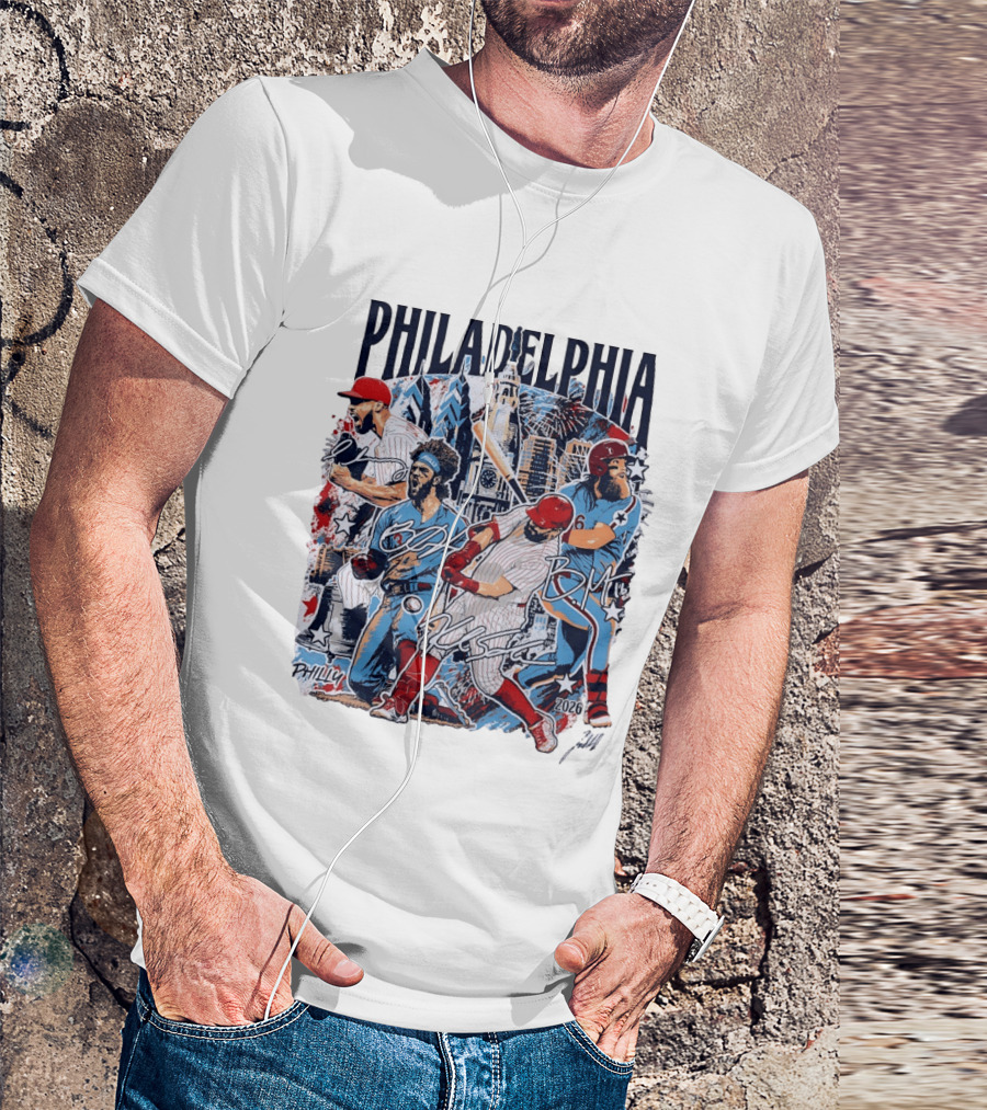 Philadelphia Phillies Stars Skyline 2026 Philly Batter Montage T-Shirt