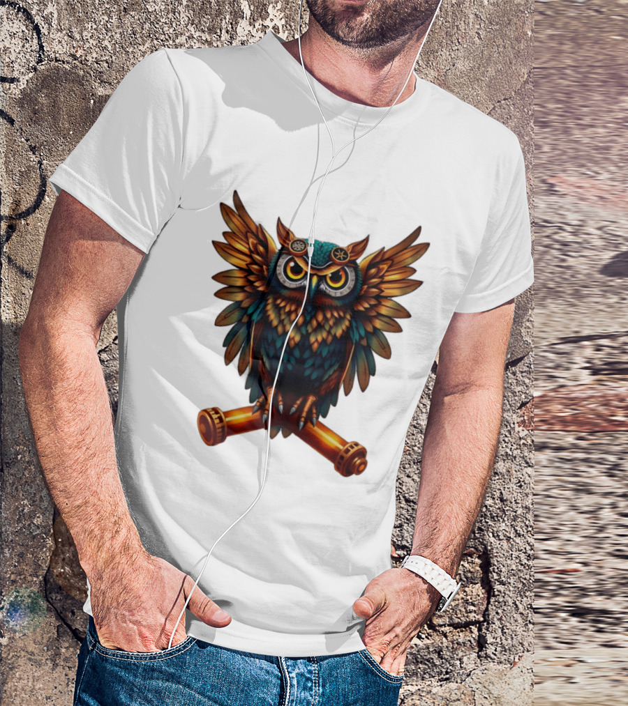 Steampunk Owl With Gears And Pistons Mechanic Aesthetic T-Shirt
