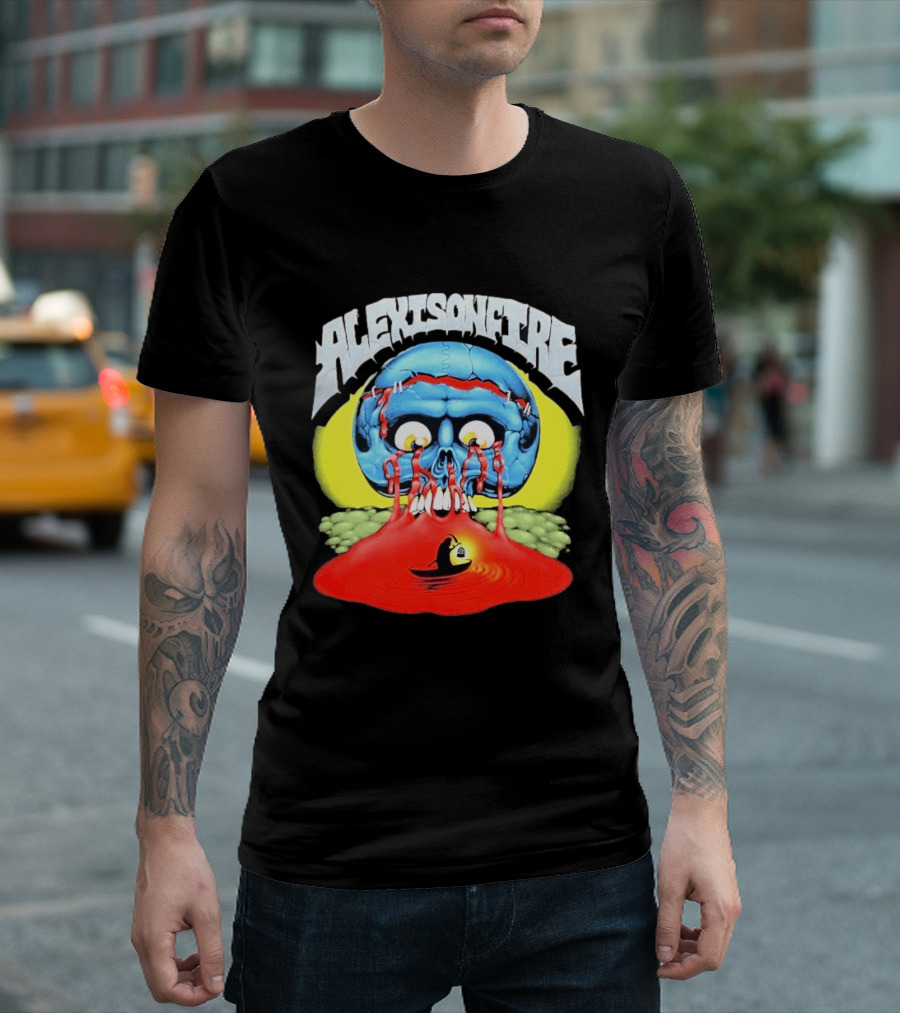 Alexisonfire Skull Island Creepy Blue Skull With Red Eyes And Boat T-Shirt