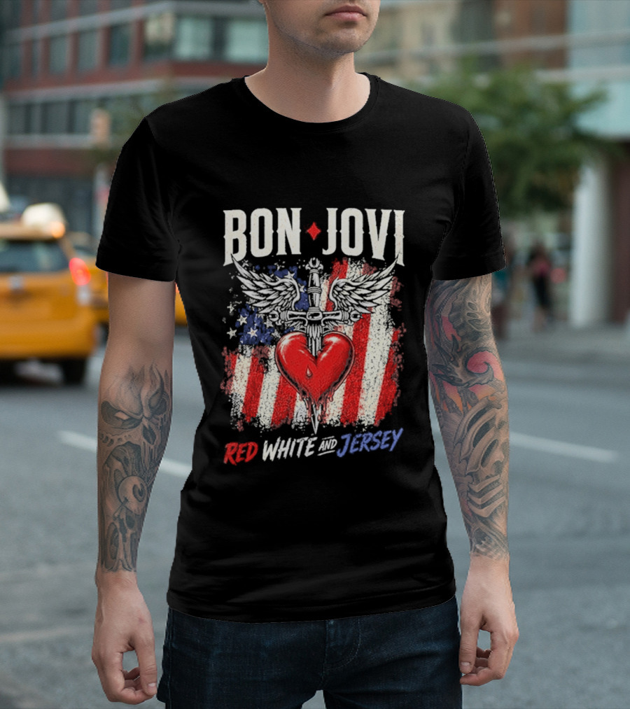 Bon Jovi Red White Jersey Heart And Dagger American Flag T-Shirt