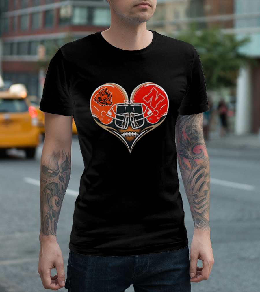 Chicago Bears Nebraska Cornhuskers Heart Shaped Helmets Football Fan Gear T-Shirt