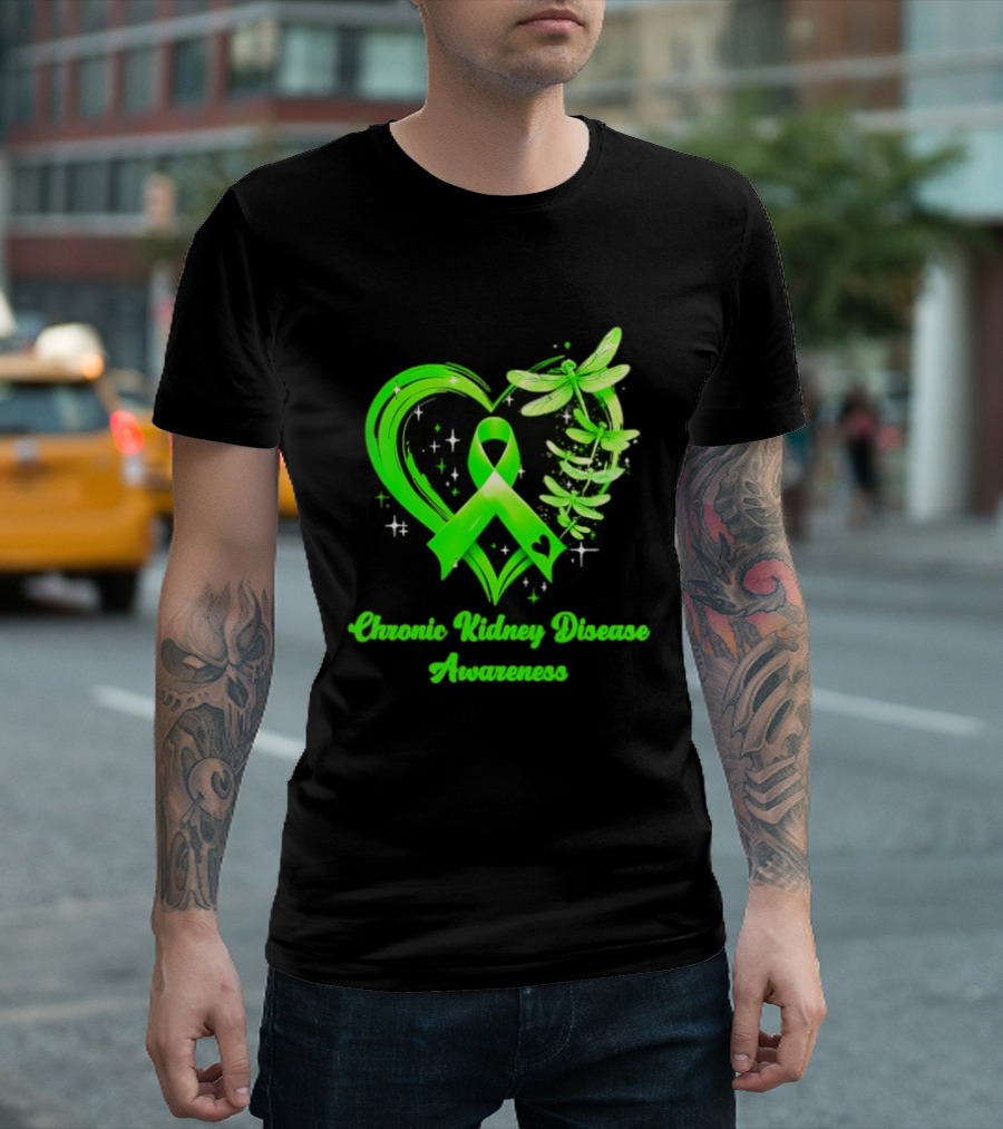 Chronic Kidney Disease Awareness Green Ribbon Heart And Dragonfly T-Shirt