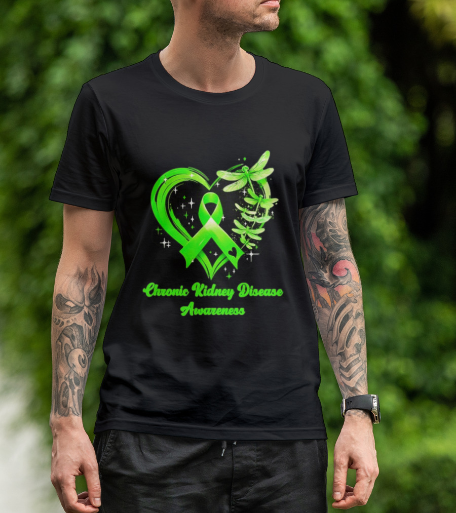 Chronic Kidney Disease Awareness Green Ribbon Heart And Dragonfly T-Shirt
