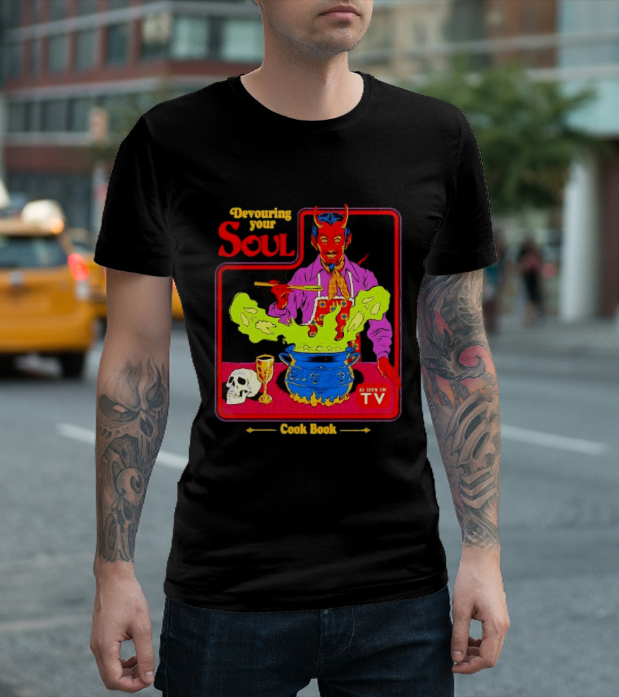 Devouring Your Soul Cook Book Steven Rhodes Retro Devil Cooking As Seen On TV Horror T-Shirt