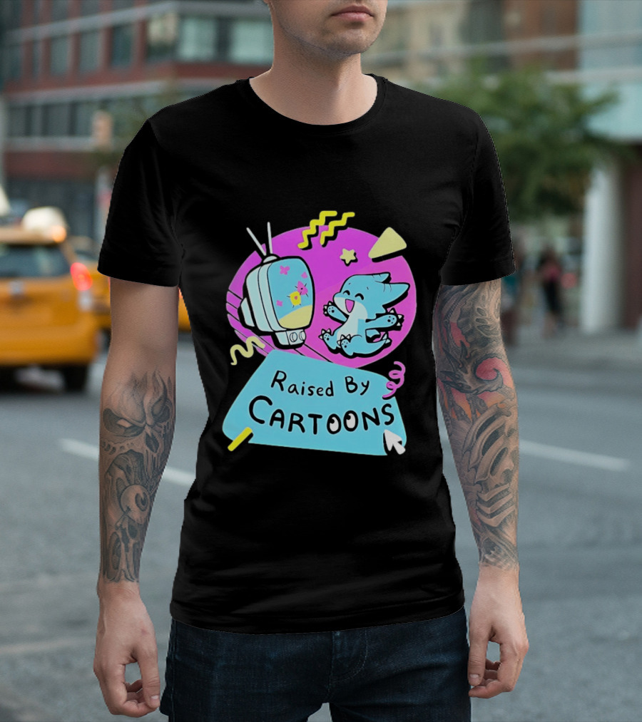 Raised By Cartoons Nostalgia 90s Kid Cartoon Lover Retro TV And Playful Puppy Scene T-Shirt