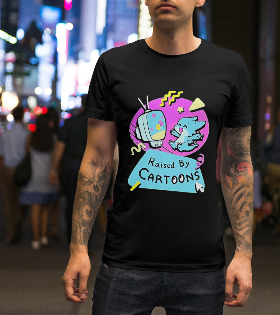 Raised By Cartoons Nostalgia 90s Kid Cartoon Lover Retro TV And Playful Puppy Scene T-Shirt