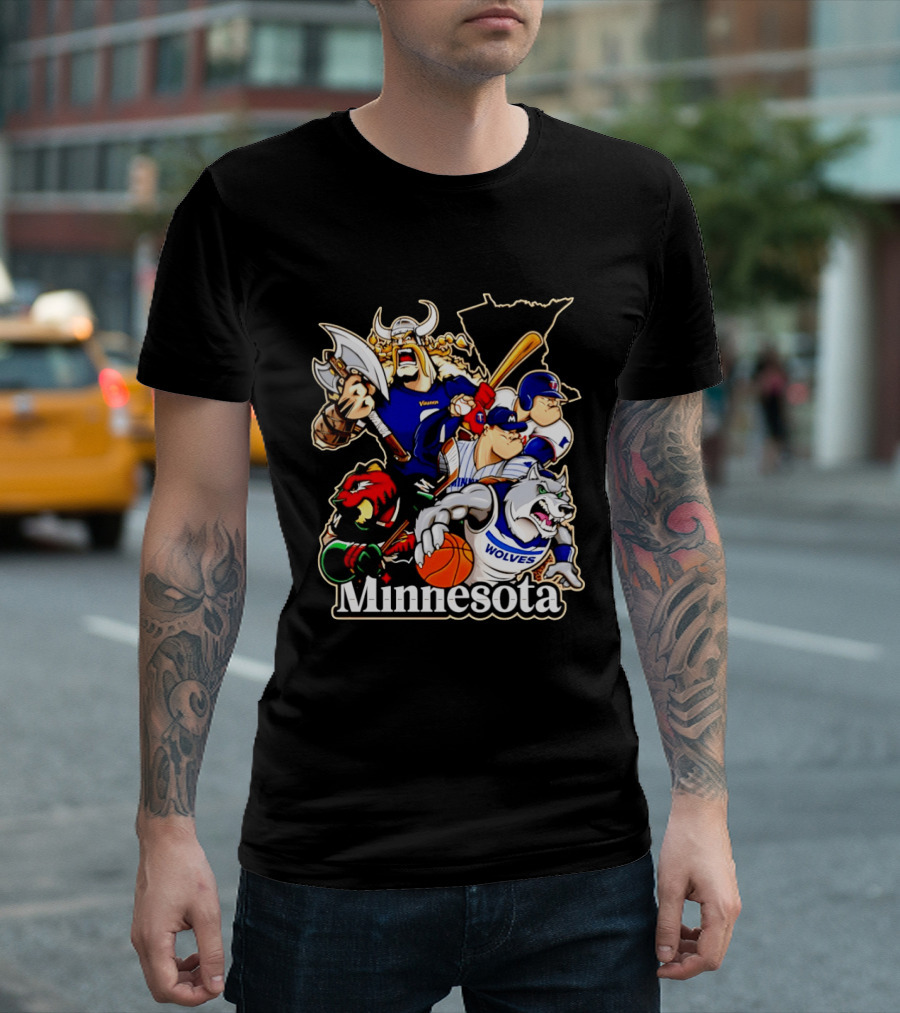 Minnesota Vikings Wild Twins Timberwolves Characters Collage T-Shirt