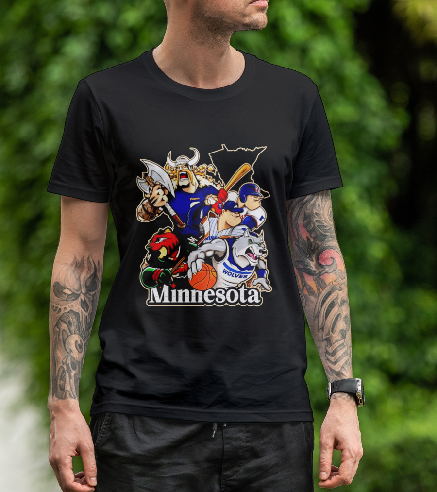 Minnesota Vikings Wild Twins Timberwolves Characters Collage T-Shirt