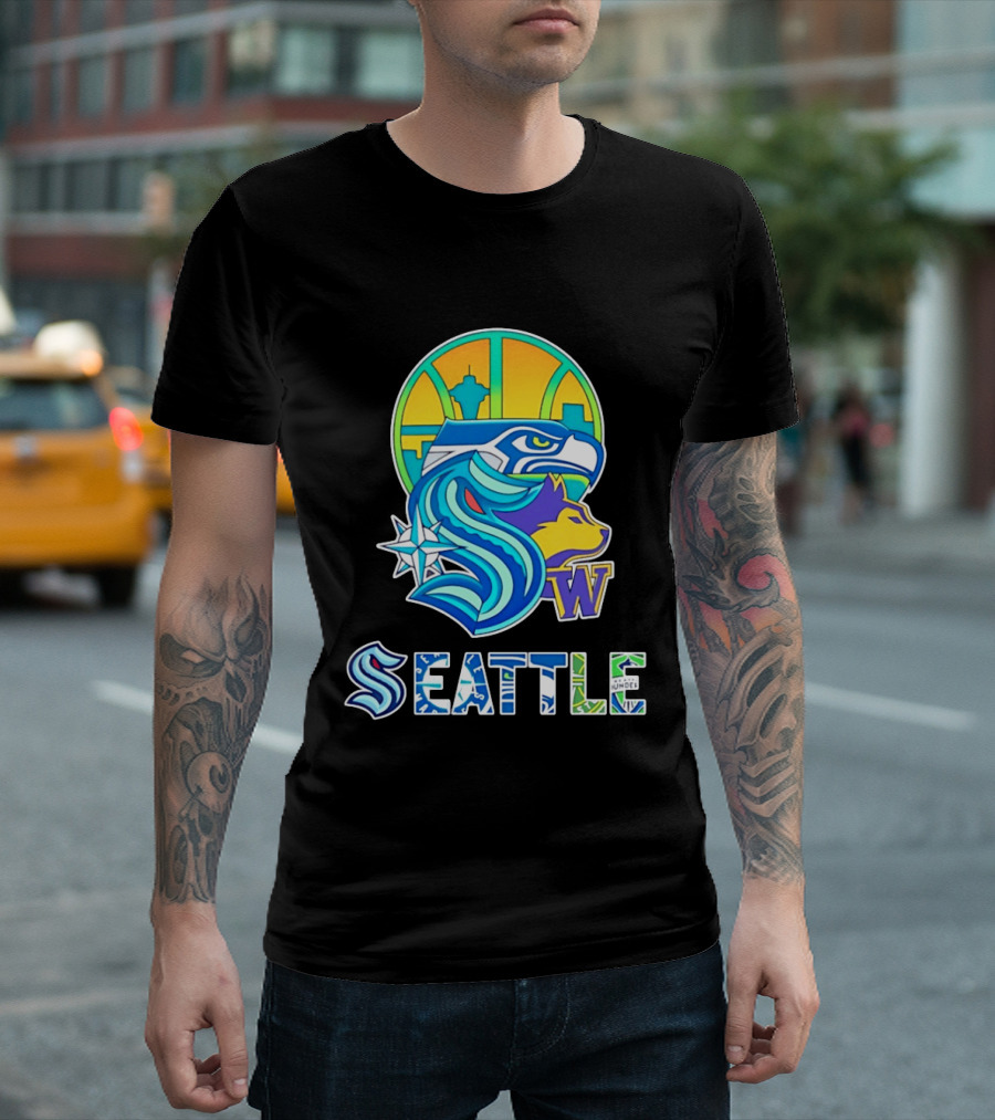 Seattle Seahawks Washington Huskies Skyline Collage With Space Needle And Compass Rose T-Shirt