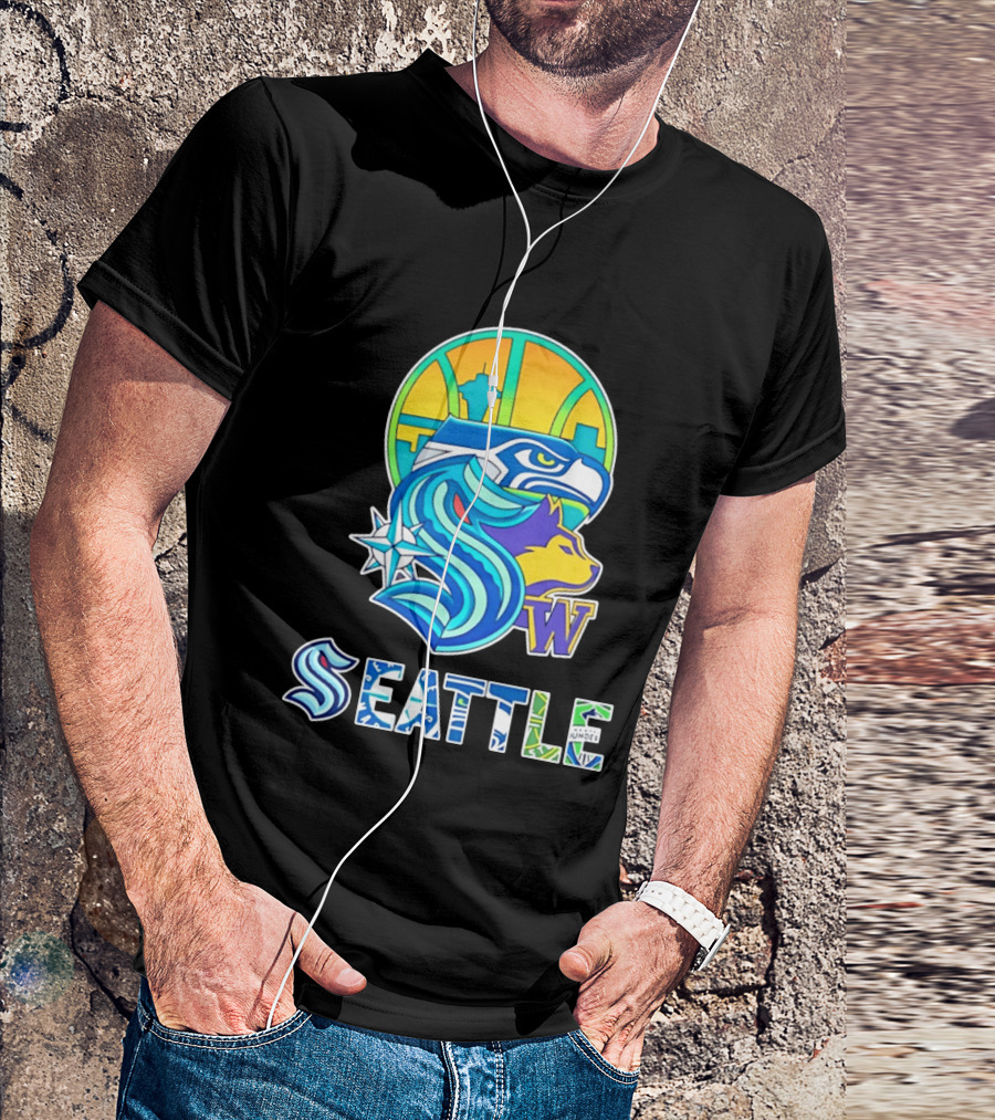Seattle Seahawks Washington Huskies Skyline Collage With Space Needle And Compass Rose T-Shirt