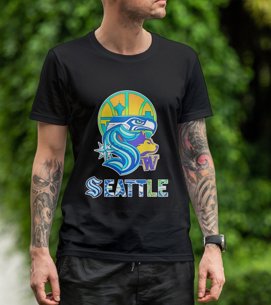 Seattle Seahawks Washington Huskies Skyline Collage With Space Needle And Compass Rose T-Shirt