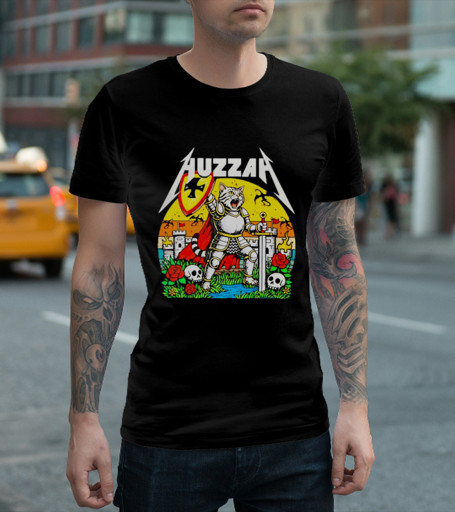Huzzah Cat Knight Medieval Fantasy With Shield And Sword In Castle Scene T-Shirt