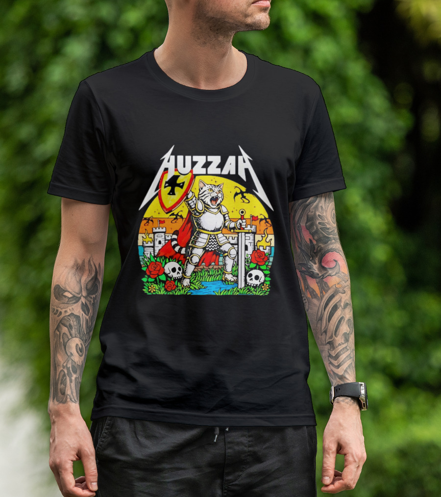 Huzzah Cat Knight Medieval Fantasy With Shield And Sword In Castle Scene T-Shirt
