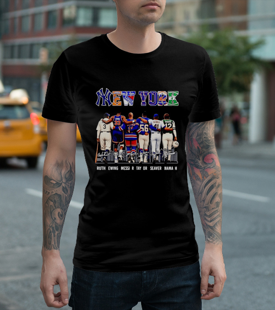 NY Sports Legends New York Yankees Knicks Rangers Mets Giants Jets Ruth Ewing Messier Taylor Seaver Namath T-Shirt