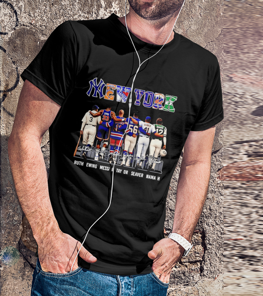 NY Sports Legends New York Yankees Knicks Rangers Mets Giants Jets Ruth Ewing Messier Taylor Seaver Namath T-Shirt