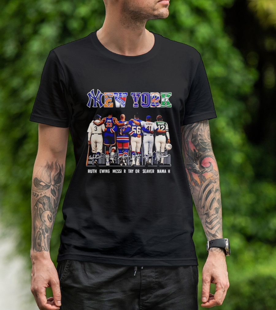 NY Sports Legends New York Yankees Knicks Rangers Mets Giants Jets Ruth Ewing Messier Taylor Seaver Namath T-Shirt