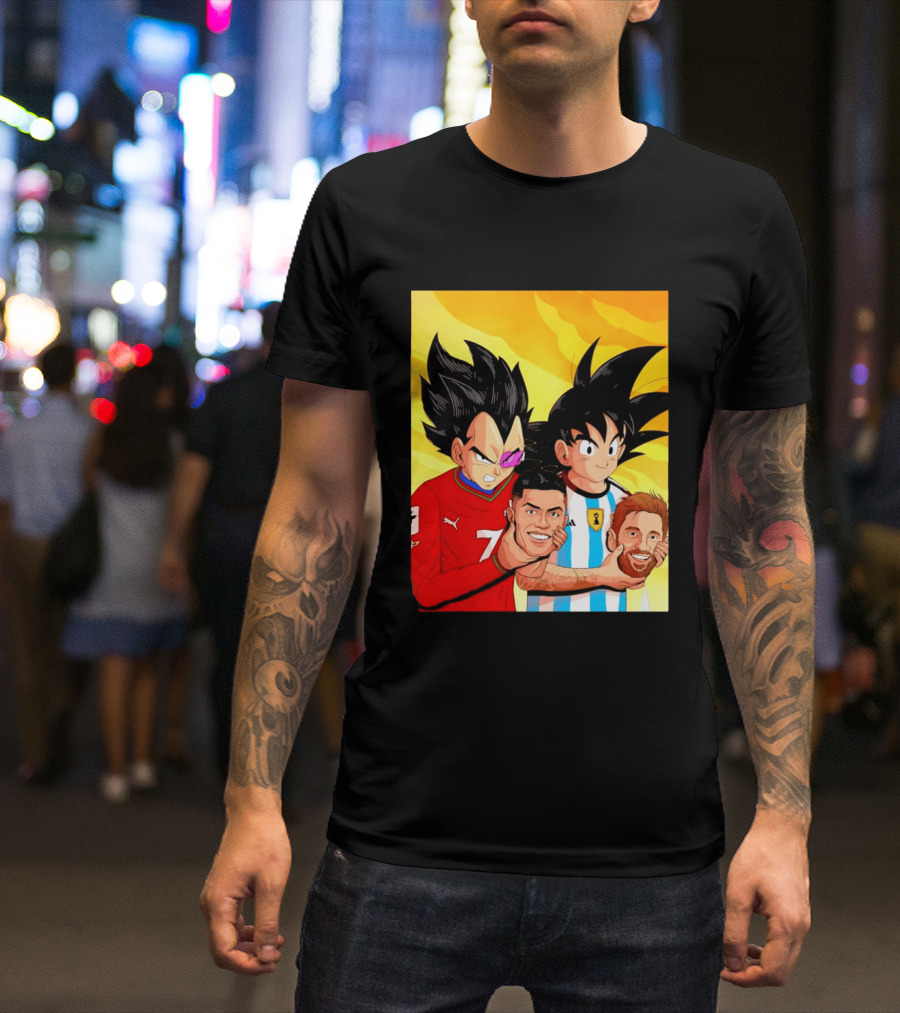 Vegeta And Goku With Ronaldo 7 And Messi Argentina Heads T-Shirt