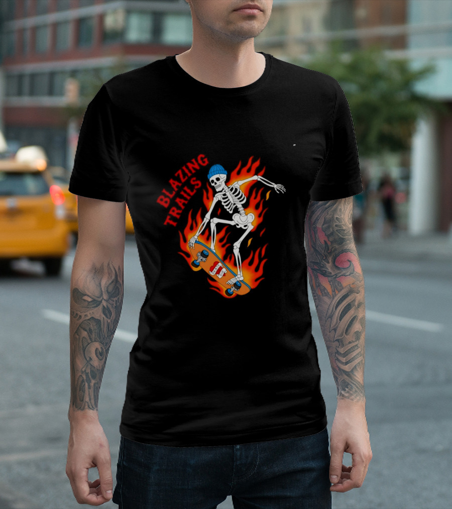 Blazing Trails Skate Or Die Skeleton Flaming Skateboard T-Shirt