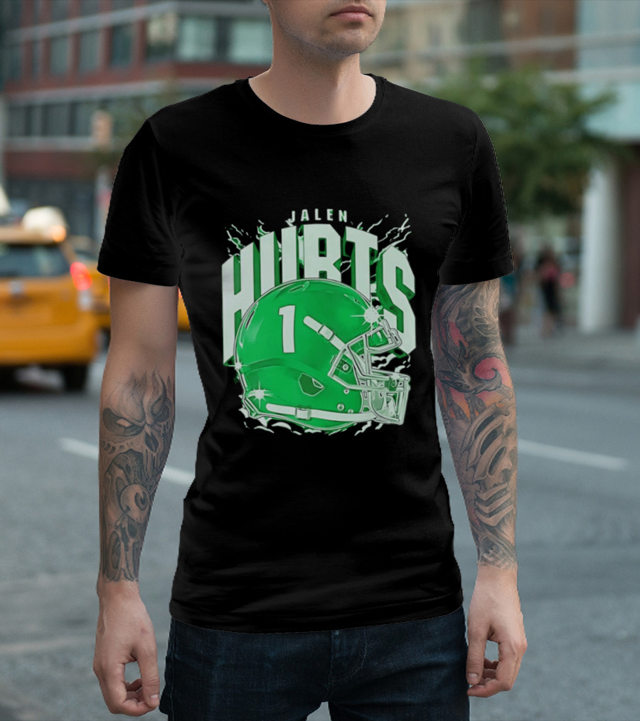 Jalen Hurts 1 Philadelphia Eagles Green Helmet Football T-Shirt