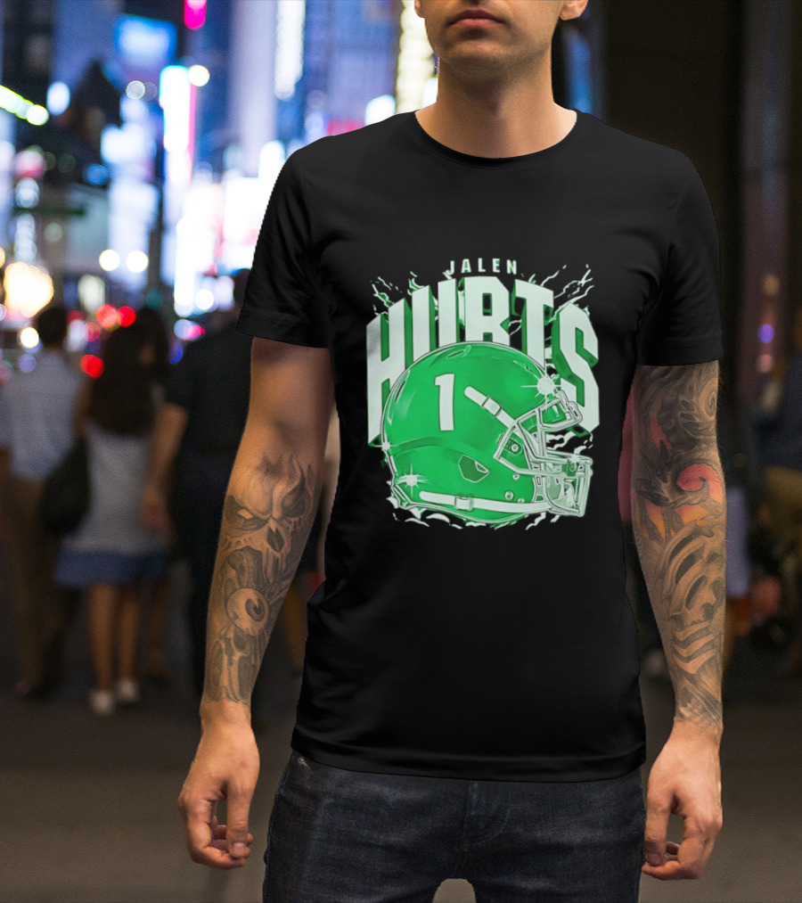 Jalen Hurts 1 Philadelphia Eagles Green Helmet Football T-Shirt