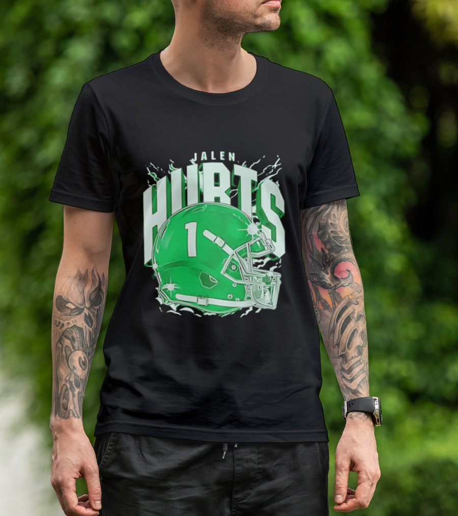 Jalen Hurts 1 Philadelphia Eagles Green Helmet Football T-Shirt