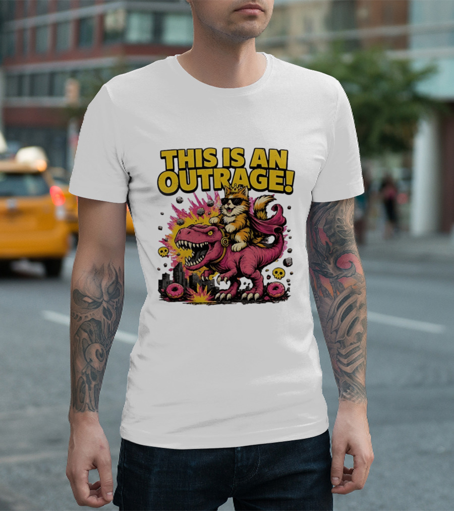 This Is An Outrage Cat King With Sunglasses Riding A Pink Rex With Explosions And Donuts T-Shirt
