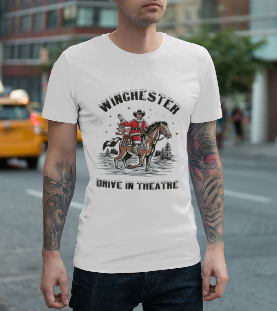 Winchester Drive In Theatre Santa Claus Riding Horse Christmas Cowboy T-Shirt