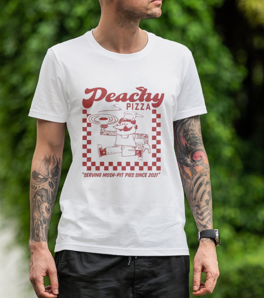 Peachy Pizza Serving Mosh Pit Pies Since 2021 Checkerboard Comic T-Shirt