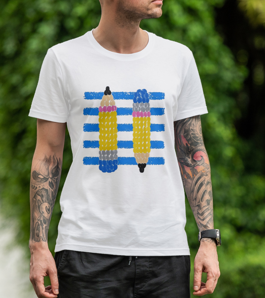 Beaded Pencils And Blue Stripes T-Shirt