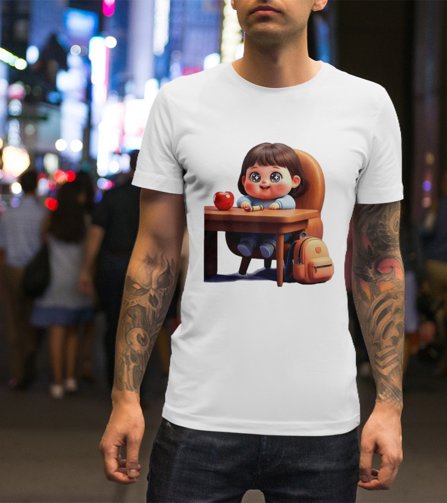 Cartoon Girl With Apple Backpack At Desk T-Shirt