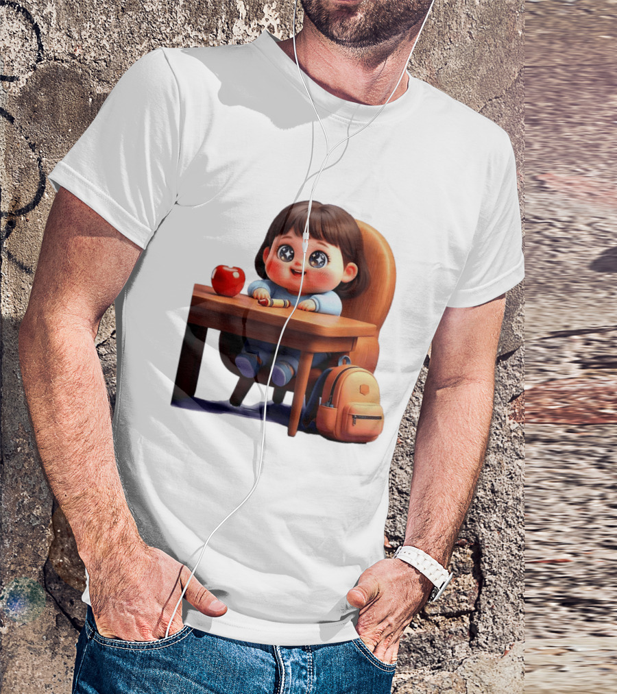 Cartoon Girl With Apple Backpack At Desk T-Shirt