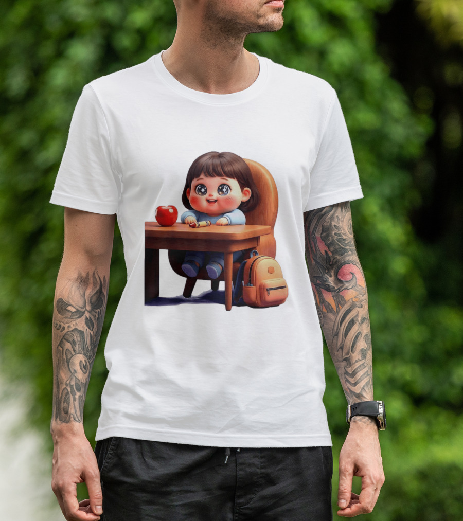 Cartoon Girl With Apple Backpack At Desk T-Shirt