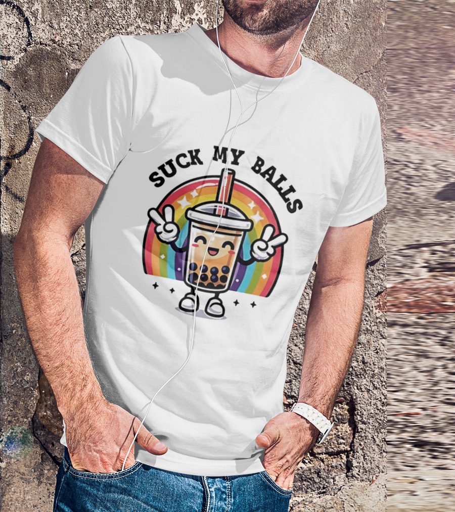 Suck My Balls Boba Tea Rainbow Peace Sign T-Shirt