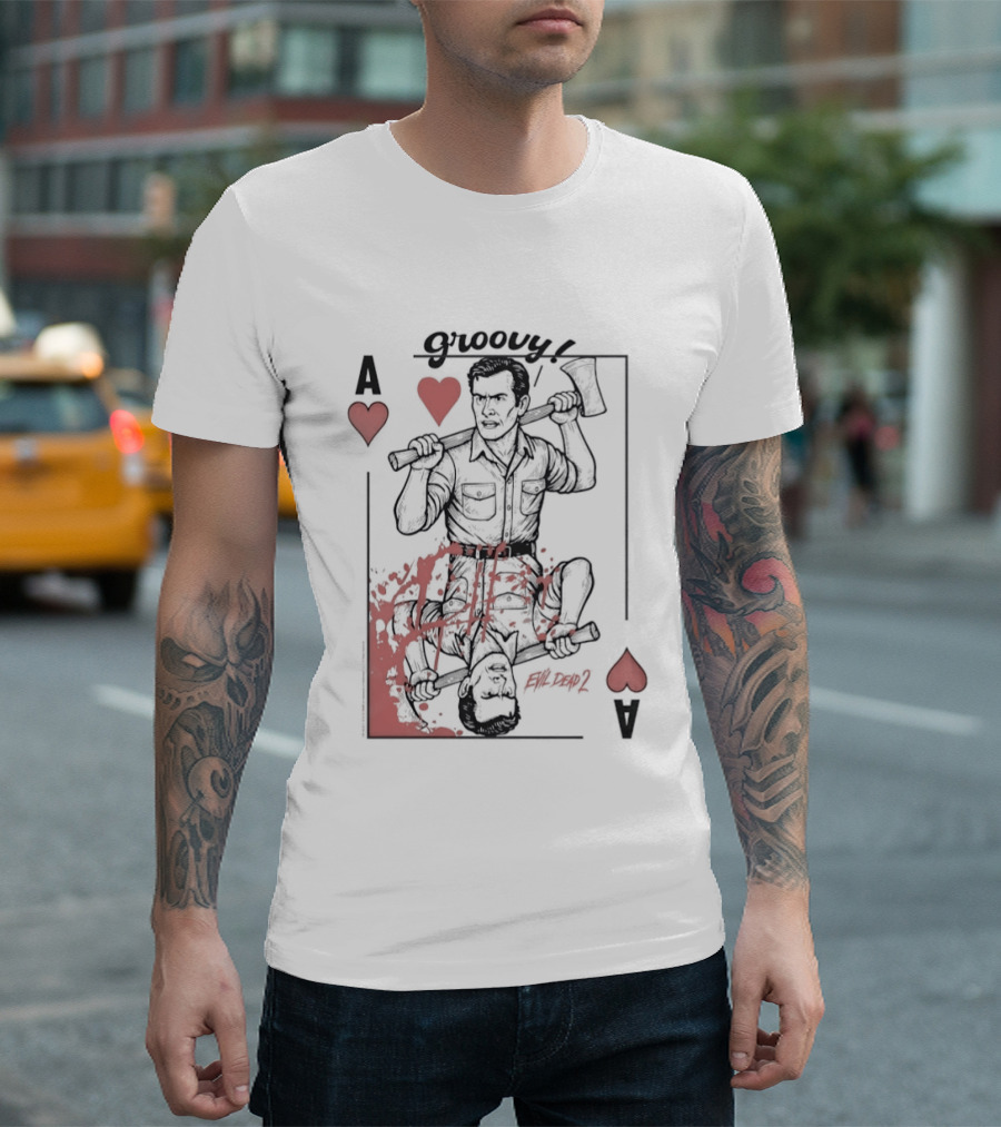 Groovy Ash Evil Dead 2 Ace Of Hearts Chainsaw Playing Card T-Shirt