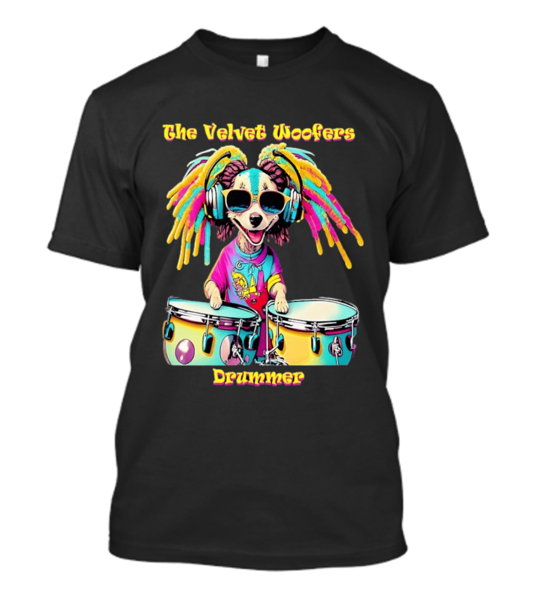 The Velvet Woofers Drummer Dog Colorful Cool Canine With Headphones And Drums T-Shirt