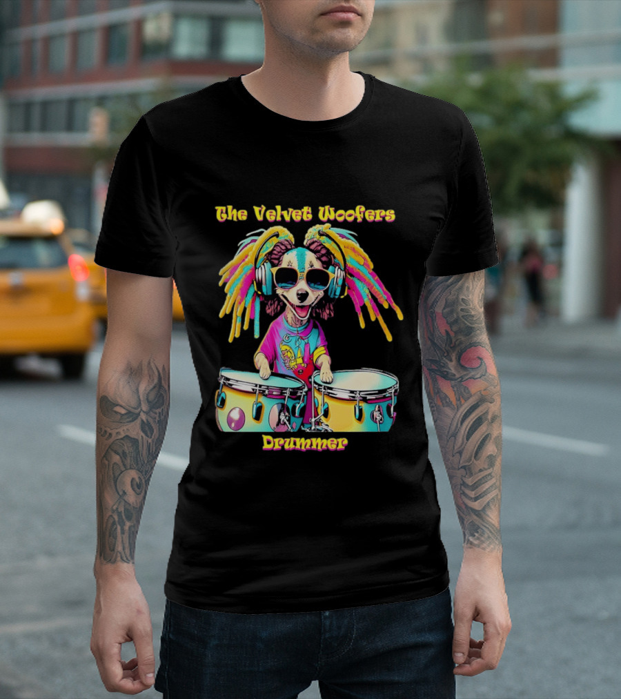 The Velvet Woofers Drummer Dog Colorful Cool Canine With Headphones And Drums T-Shirt