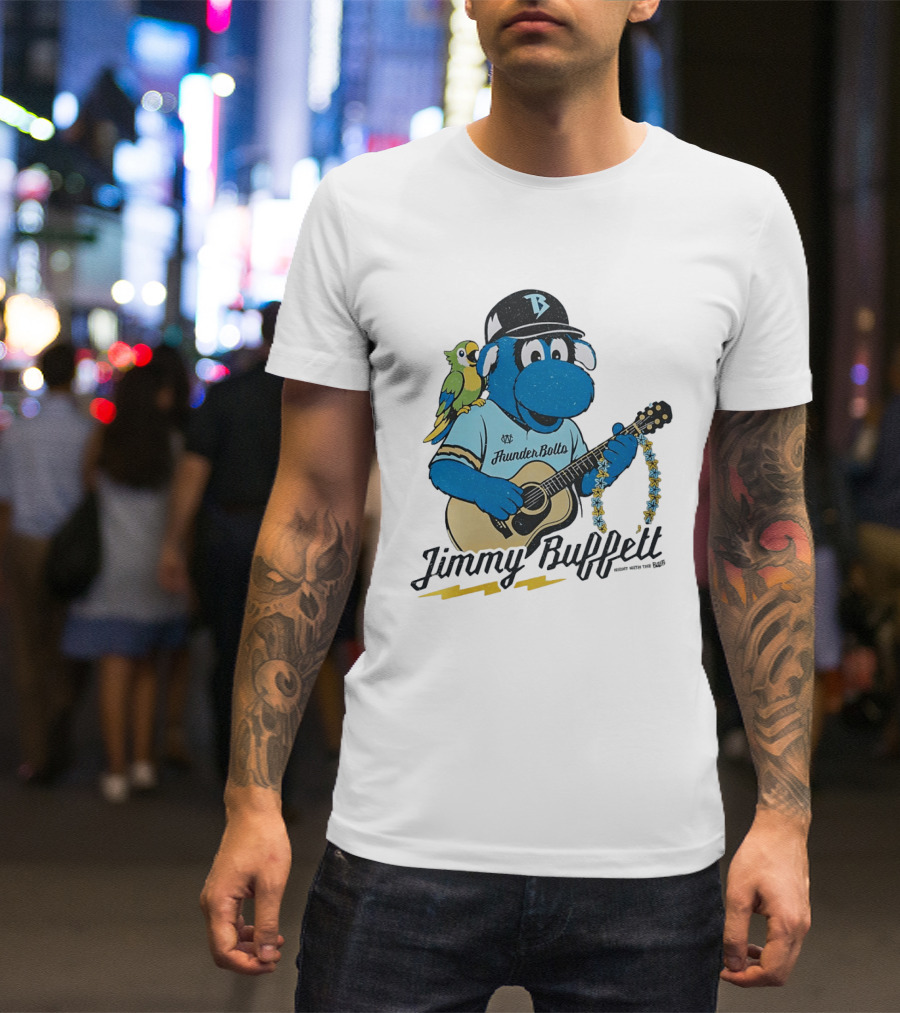 Jimmy Buffett Thunder Bolts Parrot Baseball Mascot Playing Guitar T-Shirt